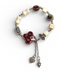 Burgundy Greek Cross Bracelet Red ceramic beaded silver stretchy
